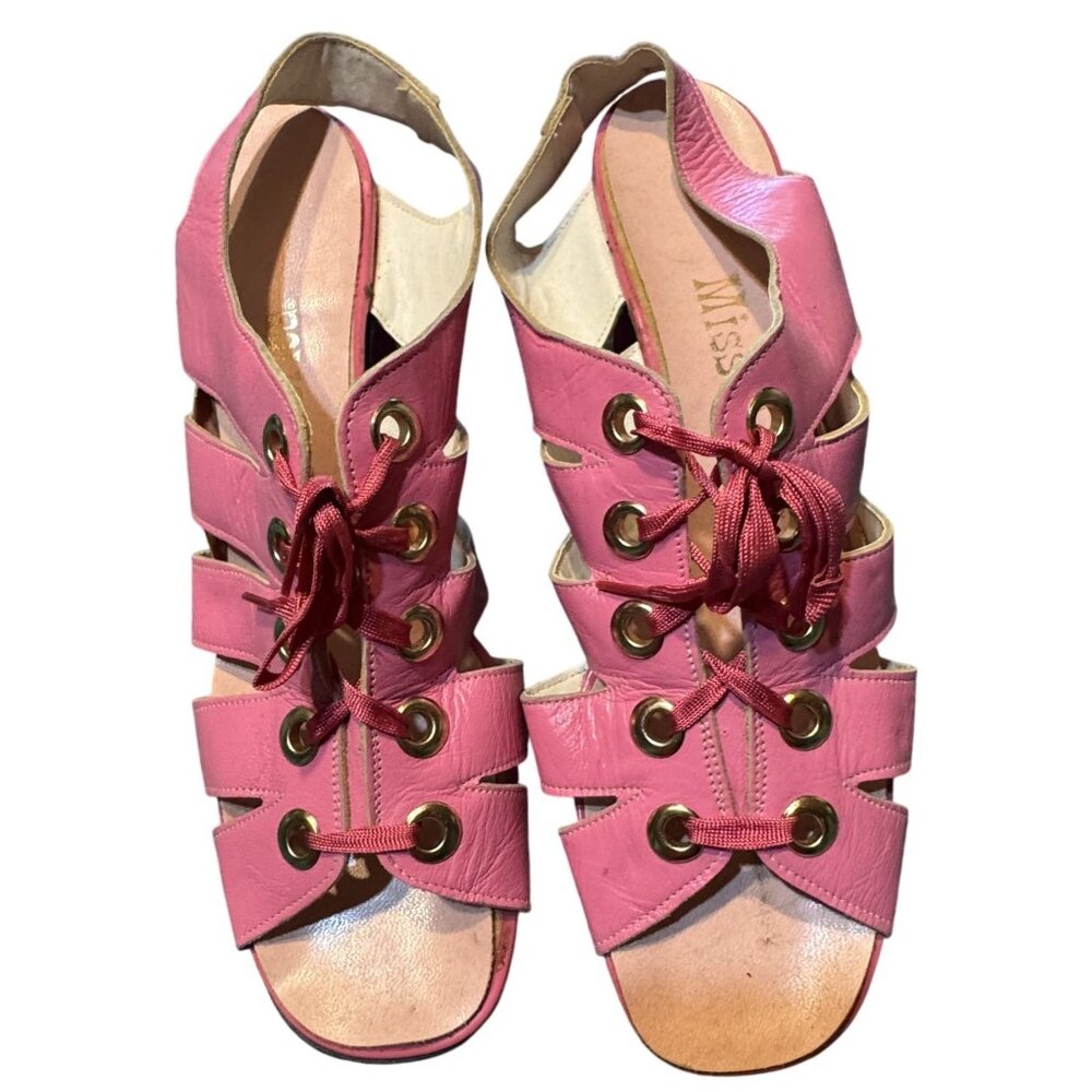 Vintage 1940 Miss America Pink Gladiator High Heel Sandals With Lace-Up Design